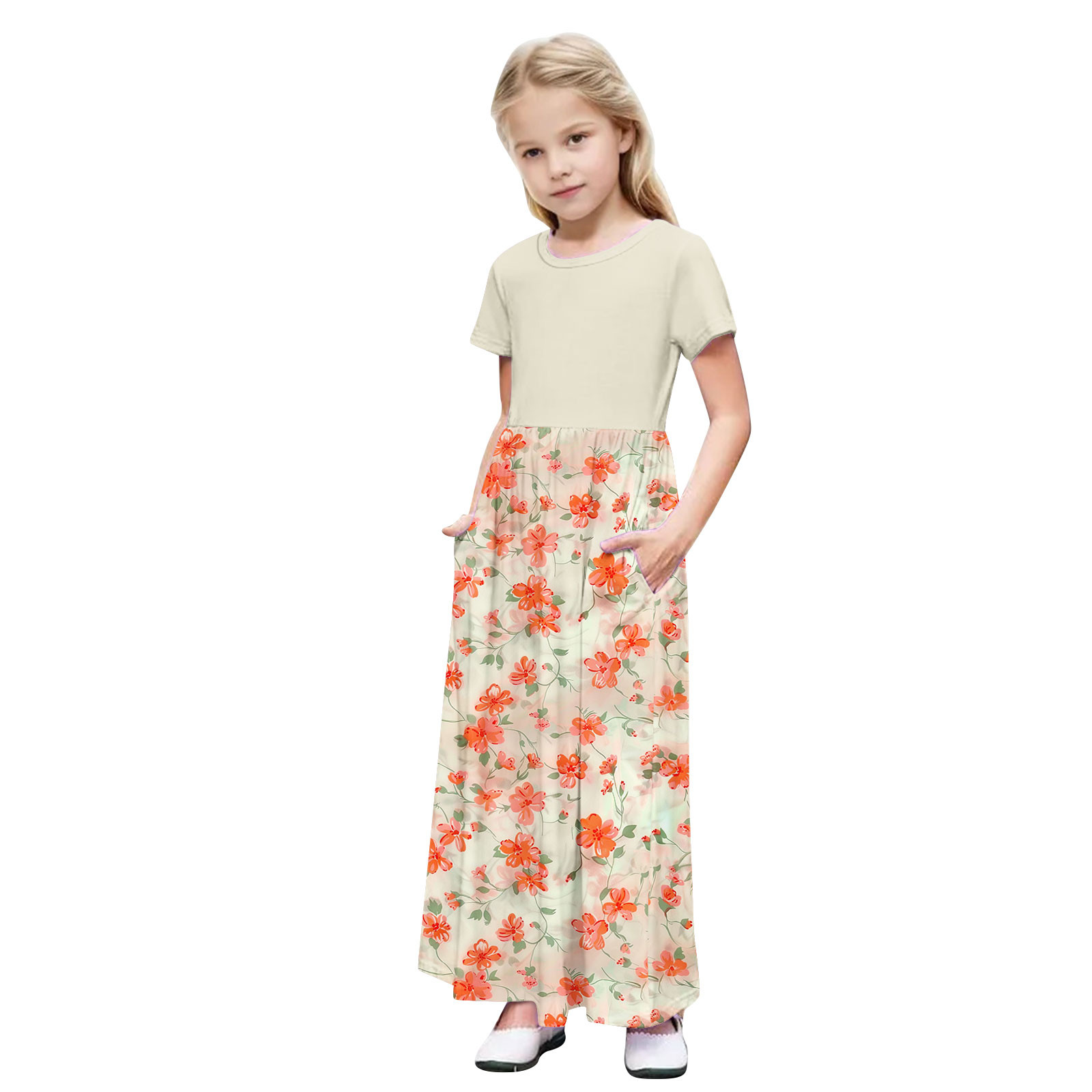 Girls Dress Short Sleeve Casual Holiday Modest Long Maxi Dress with Pockets Floral Printed Summer T-Shirt Dress for 4-14 Years